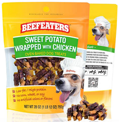 Beefeaters sweet potato wrapped chicken treats shown as chewy, protein-rich snack for dogs.
