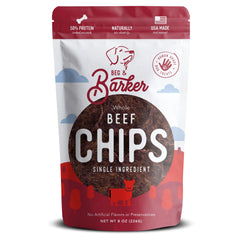 Beg & Barker Beef Chips packaging showing USA-made, single-ingredient dog treats.