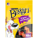 Purina Beggin' Strips bacon-cheese bags front packaging for a two-pack convenience.