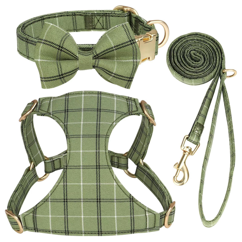 Beirui cute small dog harness with green bowtie, front view for stylish walks