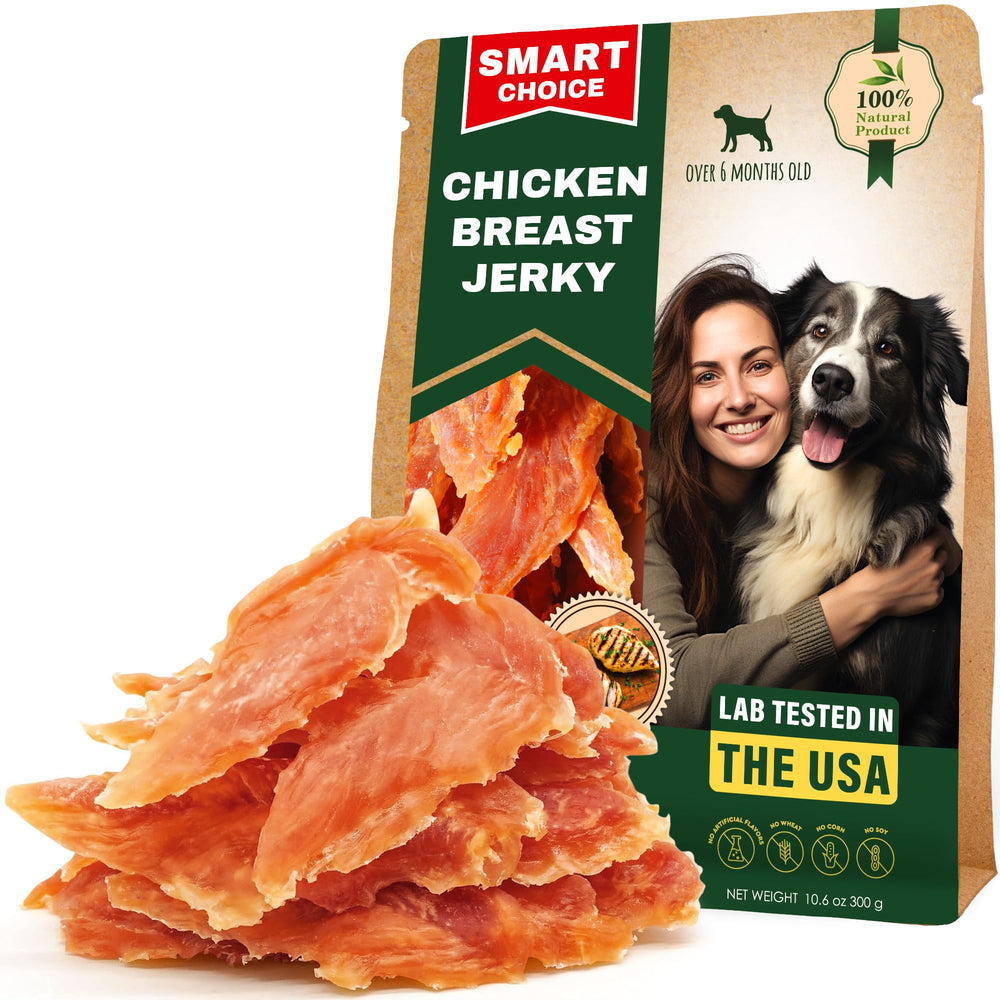Beloved Pets chicken jerky bag front, premium grain-free dog treats for training.
