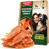 Beloved Pets chicken jerky bag front, premium grain-free dog treats for training.