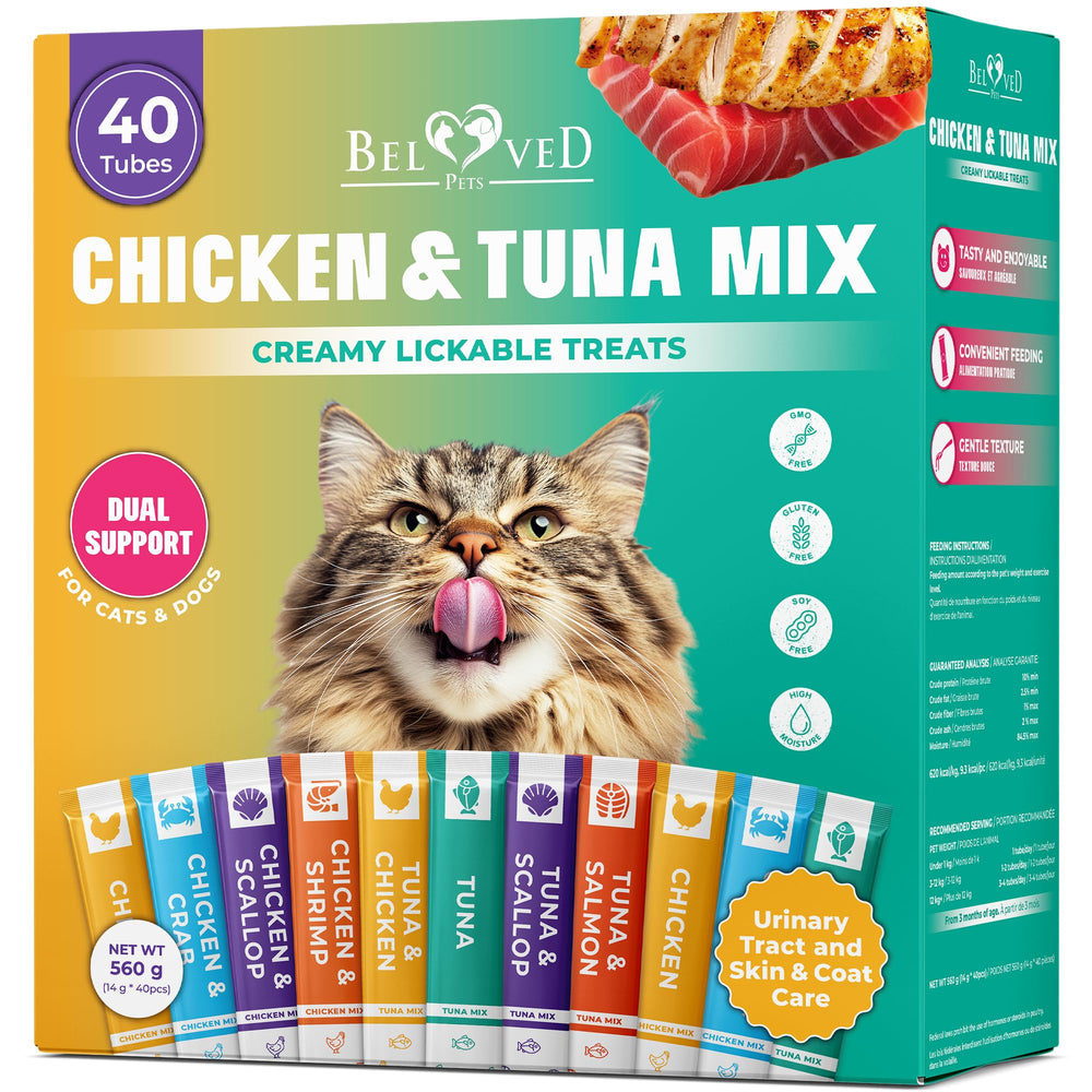 Beloved Pets creamy lickable treats tube with tuna-chicken paste for cats and small dogs, tasty and inviting