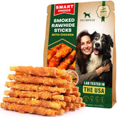 Beloved Pets smoked rawhide sticks wrapped in chicken for training rewards.