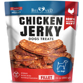 Beloved Pets chicken jerky packfront, high-protein training treats for dogs.