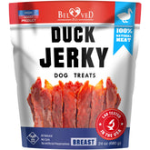 Beloved Pets duck jerky bag-front showing premium, grain-free dog treats