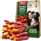 Beloved Pets Sweet Potato Duck Chews packaging shows grain-free formula and high-protein goodness.