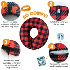 The soft plaid e-collar provides protected, gentle recovery without blocking vision.