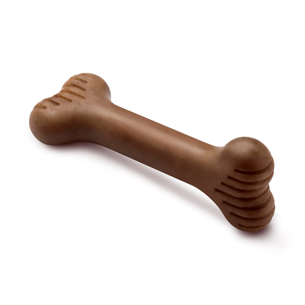 Benebone bone durable dog chew toy with real bacon, ideal for aggressive chewers.
