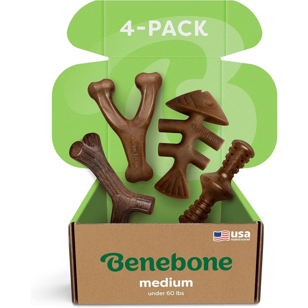 Benebone medium four-pack dog toys box showing four durable chews for strong chewers.