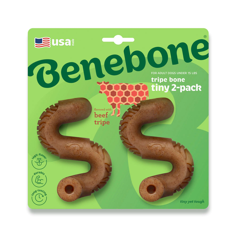 Benebone Tiny Tripe Bone Chew pack—close view, long-lasting chews for tough chewers.