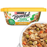 Beneful Freshly Prepared Chicken Stew tub — close-up of real chicken chunks in gravy