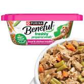 Beneful Freshly Prepared Meals beef-chicken medley in gravy tub, a flavorful dinner option.