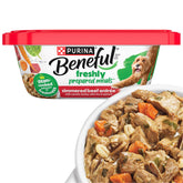 Beneful Freshly Prepared Meals tub open showing simmered beef entree and gravy for a tasty dinner