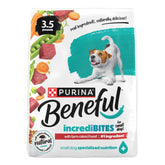 Beneful IncrediBites small dog beef bag close-up showing real beef as top ingredient for protein.