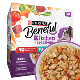 Beneful Kitchen Creations variety pack cans show real meat and vegetables in sauce for adult dogs.