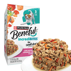 Beneful real salmon pieces highlight protein-rich nutrition for small dogsβ meals.