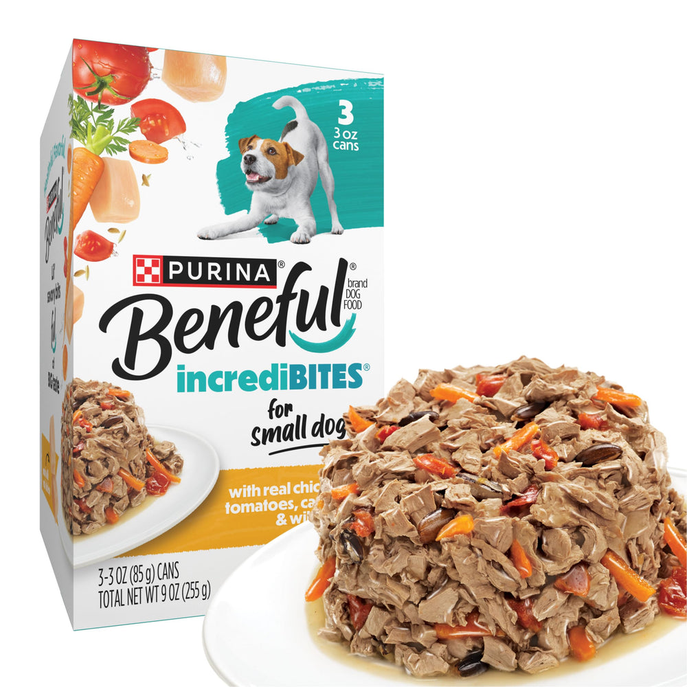 Beneful Small Breed Wet Dog Food Gravy real chicken cans on display.