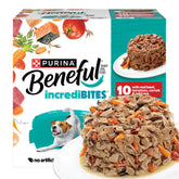 Beneful Purina small-breed wet food variety pack shows real beef, chicken, and salmon for small-dog energy.