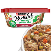 Beneful beef stew tub front with branding and packaging clearly visible.