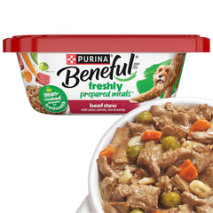 Beneful beef stew tub front with branding and packaging clearly visible.