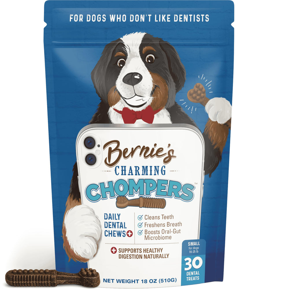 Bernie’s Charming Chompers dental chew closeup shows ridges for teeth cleaning and breath freshening.
