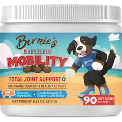 Bernie's Marvelous Mobility bottle label highlights joint support benefits for dogs