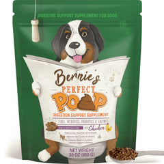 Bernies Perfect Poop bag label showing grain-free formula for healthier digestion