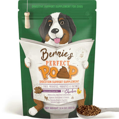 Bernie's Perfect Poop bottle with grass bits for digestion support.