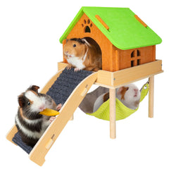 BESNEW 3-in-1 enlarged guinea pig hammock with house and platform for versatile hide-and-play.