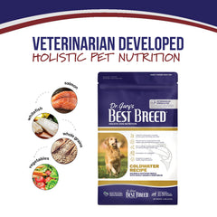 Best Breed salmon omega-3 rich kibble highlighting coat and digestion benefits.