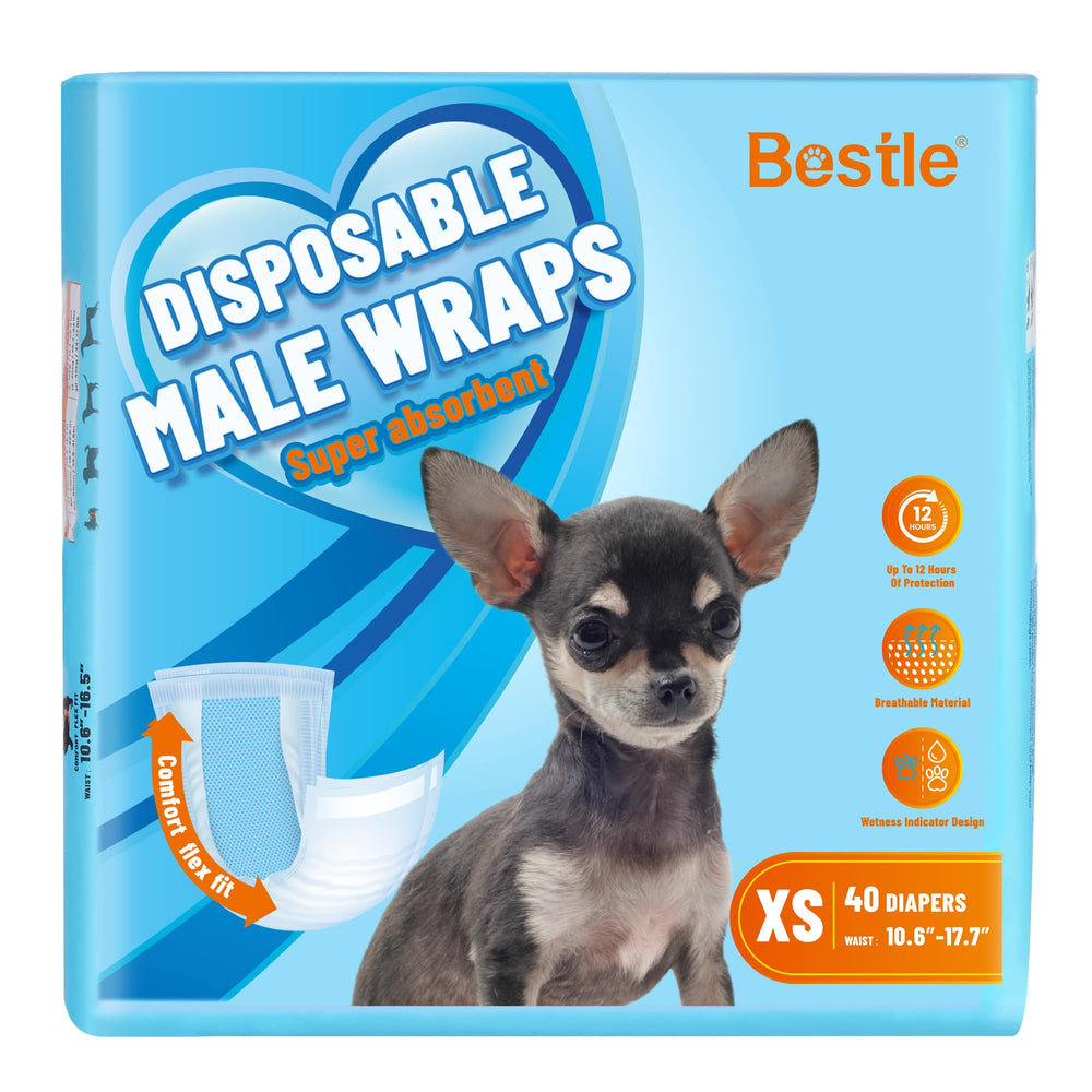Bestle Male Dog Wrap packaging shows easy-use disposable diapers for quick changes