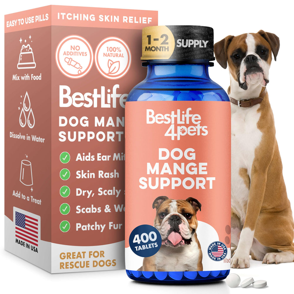 BestLife4Pets mange support bottle shown for natural skin relief.