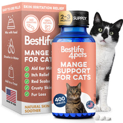 BestLife4Pets mange support pills, relief for cat itchy skin and discomfort.