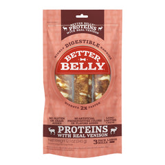Better Belly Venison Rolls pack view showing three digestible chews for daily rewards