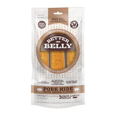 Better Belly Rawhide Large Roll Chews pack front, three highly digestible chews for dogs.