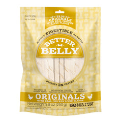 Better Belly Twists chicken liver pack shows a savory, digestible chew for dogs