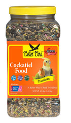 Better Bird premium cockatiel food jar showing convenient packaging for daily feeding