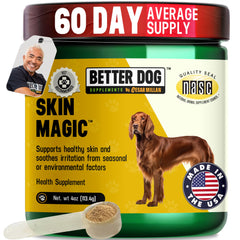 Better Dog Supplements by Cesar Millan Skin Magic bottle being poured for daily coat care