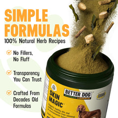 Herb ingredients label on Better Dog Skin Magic bottle