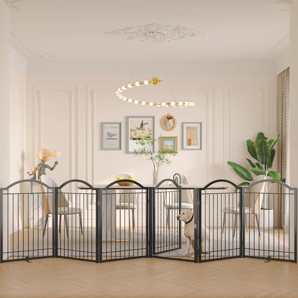 BHG metal no-assembly dog gate with six panels provides sturdy freestanding barrier.
