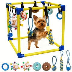 Bhyhok Puppy Play Gym with eight hanging toys for engaging indoor play and teething-friendly fun