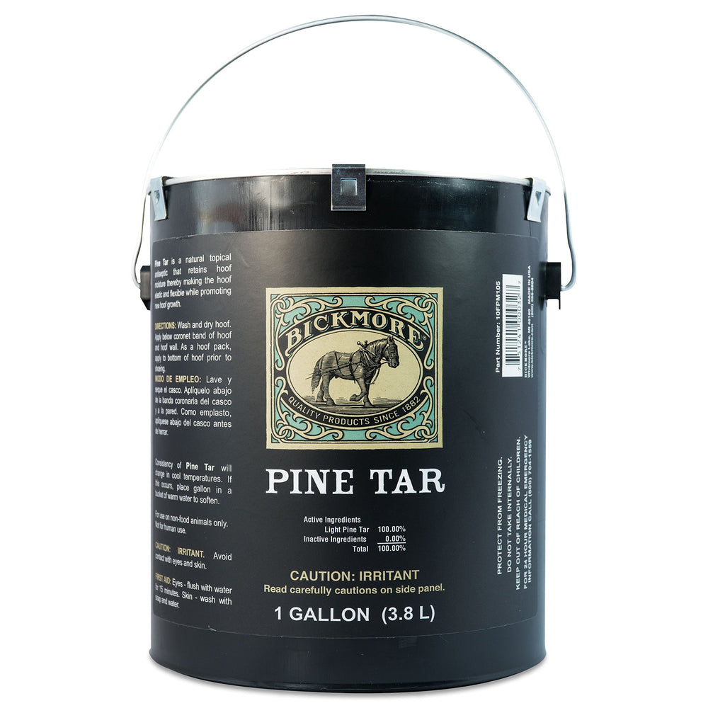 Bickmore Pine Tar bottle close-up showing hoof care solution.