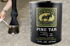 Bickmore Pine Tar applied to a horse hoof for moisture and protection.