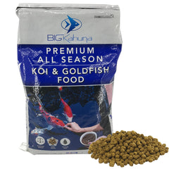 Big Kahuna Tropical Fish koi food pellets in a 20 lb bag for balanced pond nutrition.