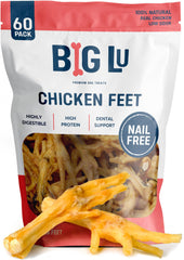 Big Lu chicken feet dog chews packaging shows a 60-pack for convenient stocking.