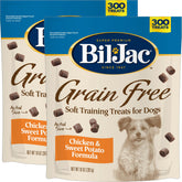 Bil-Jac grain free soft treats with chicken liver for focused training rewards.