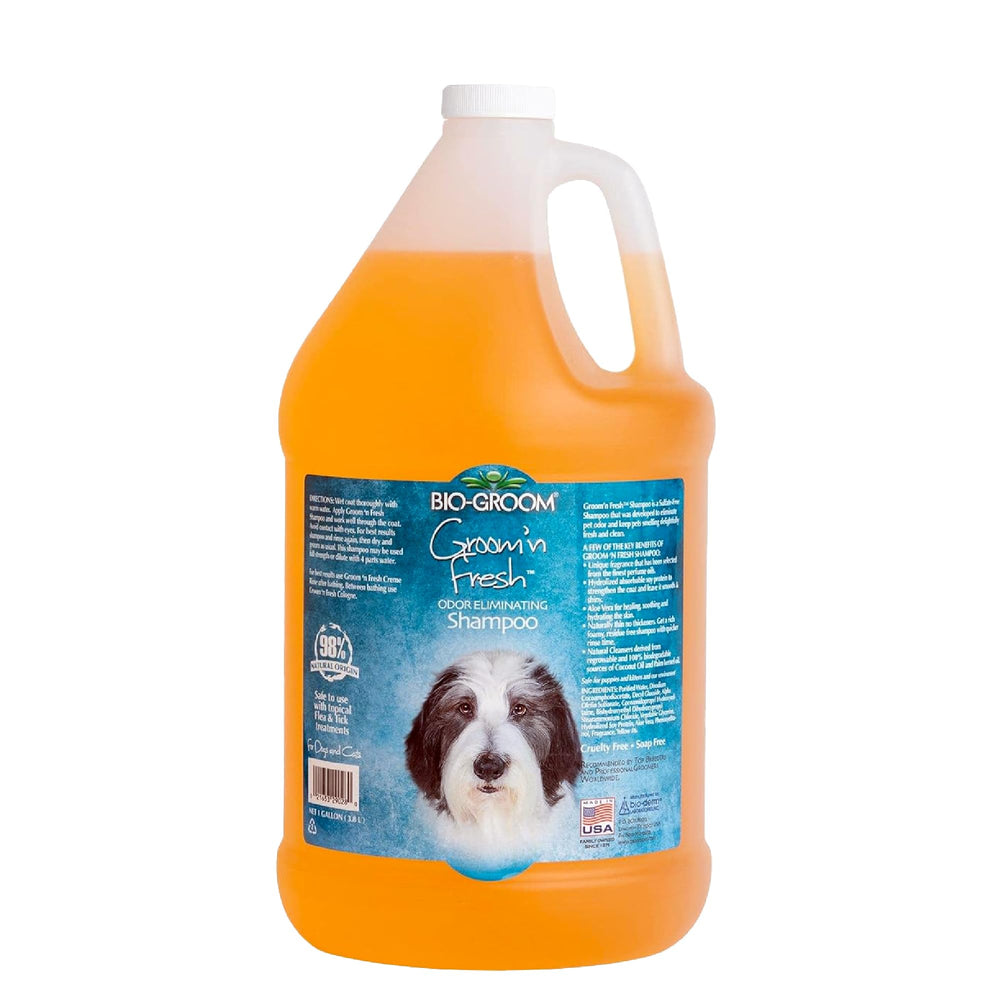 Bio-Groom Groom'n Fresh dog shampoo bottle highlighting odor elimination and refreshed coat