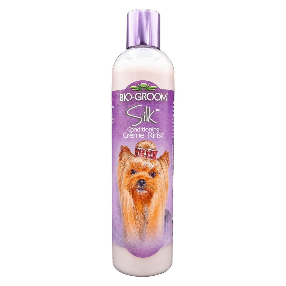 Bio-Groom Silk Creme Rinse bottle demonstrates gentle, residue-free conditioning for dogs