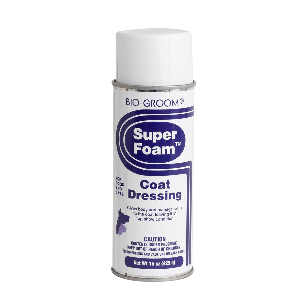 Bio-Groom Super Foam Coat Dressing bottle pour for easy detangling and conditioning.